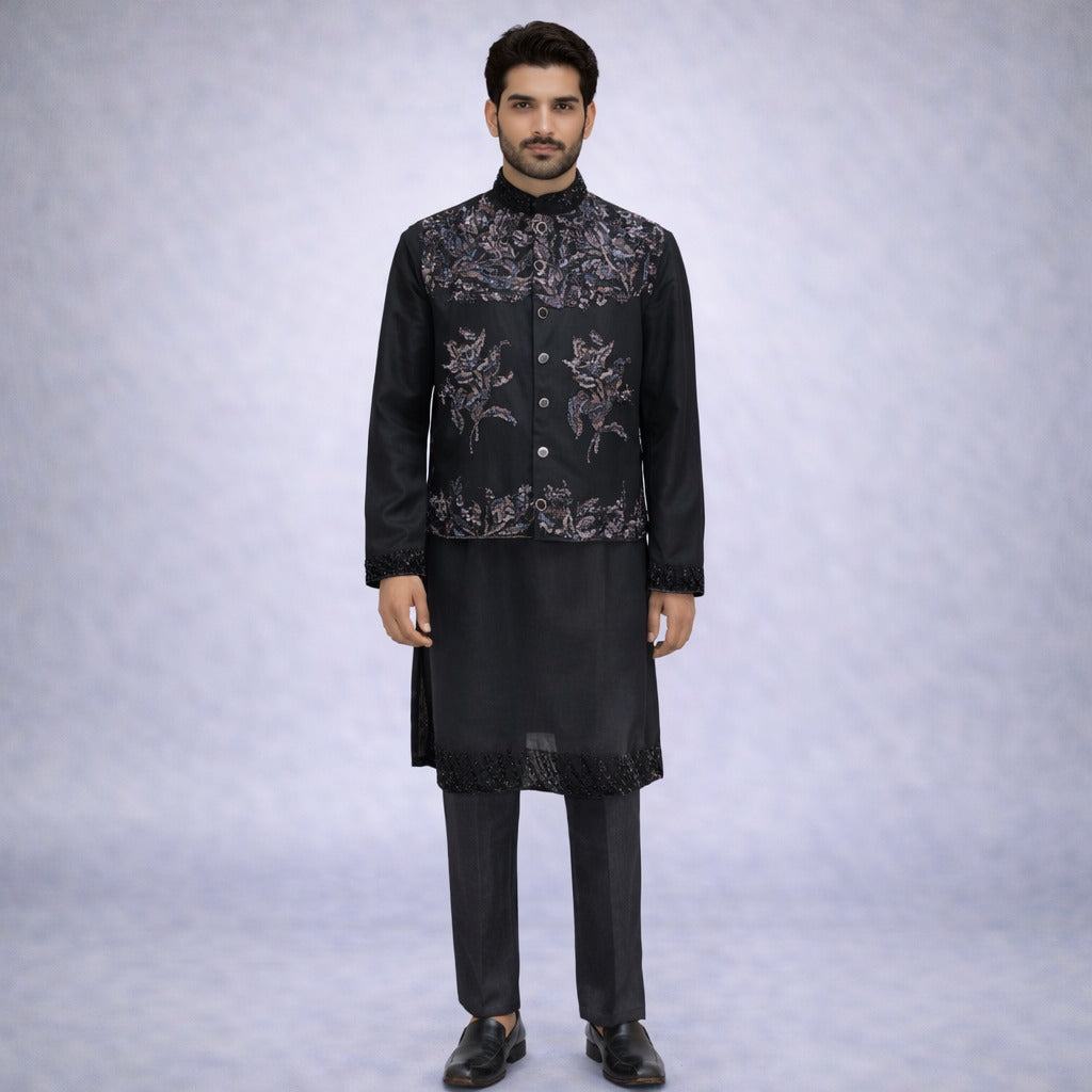 Black Embroidered Nehru Jacket Kurta Set