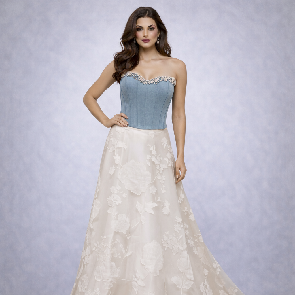 Powder Blue Corset Top with Ivory Floral Skirt