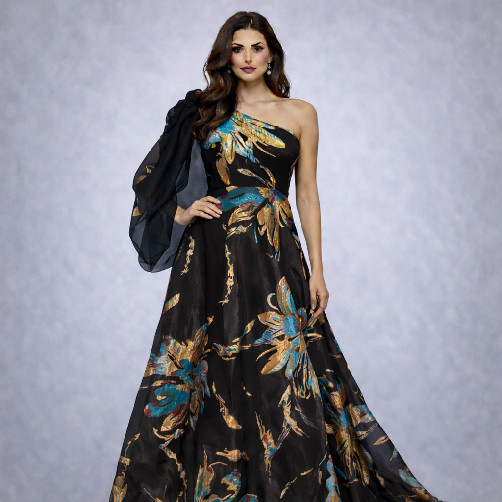 Black One-Shoulder Printed Evening Gown