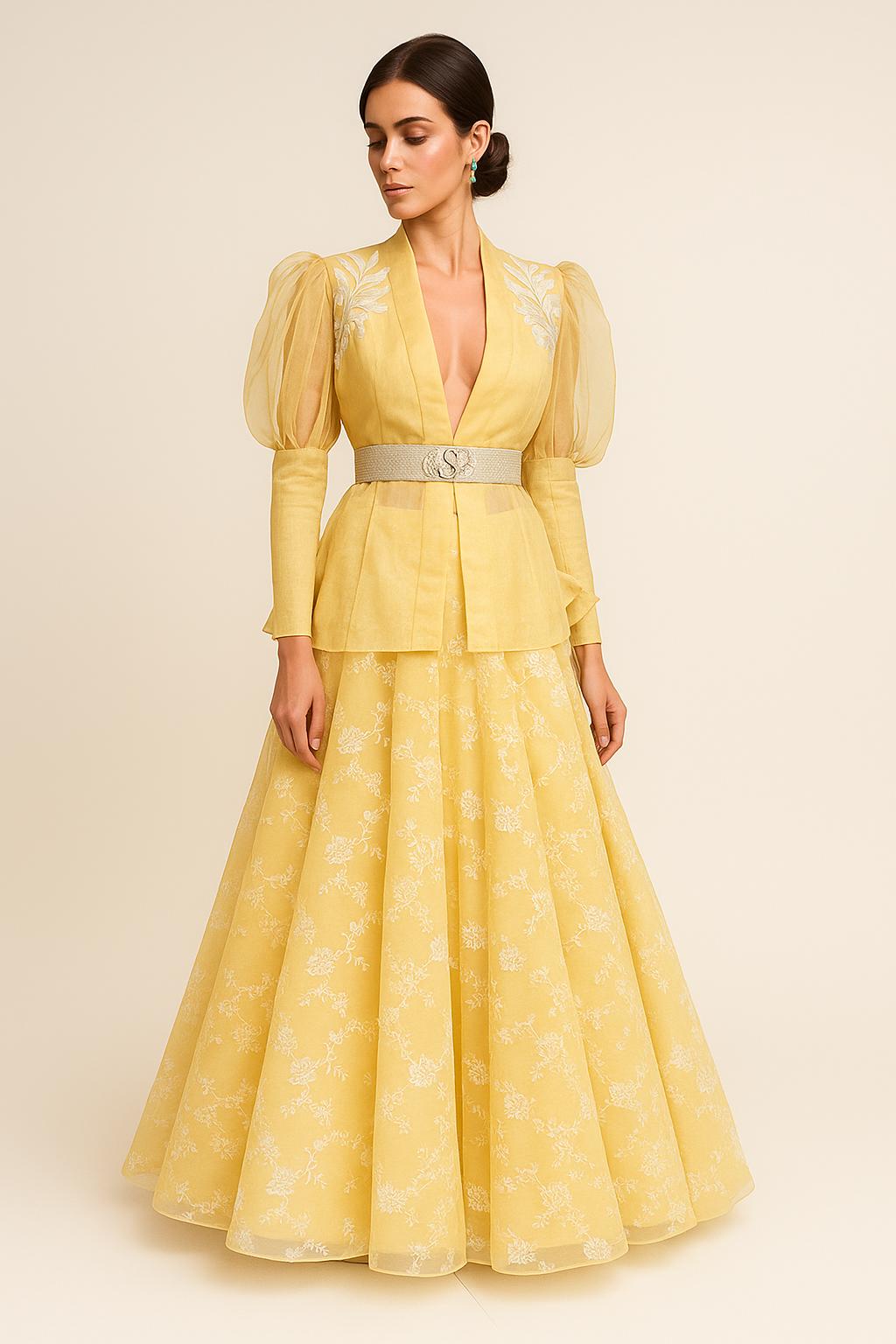 Lemon Yellow Embroidered Jacket Lehenga Set