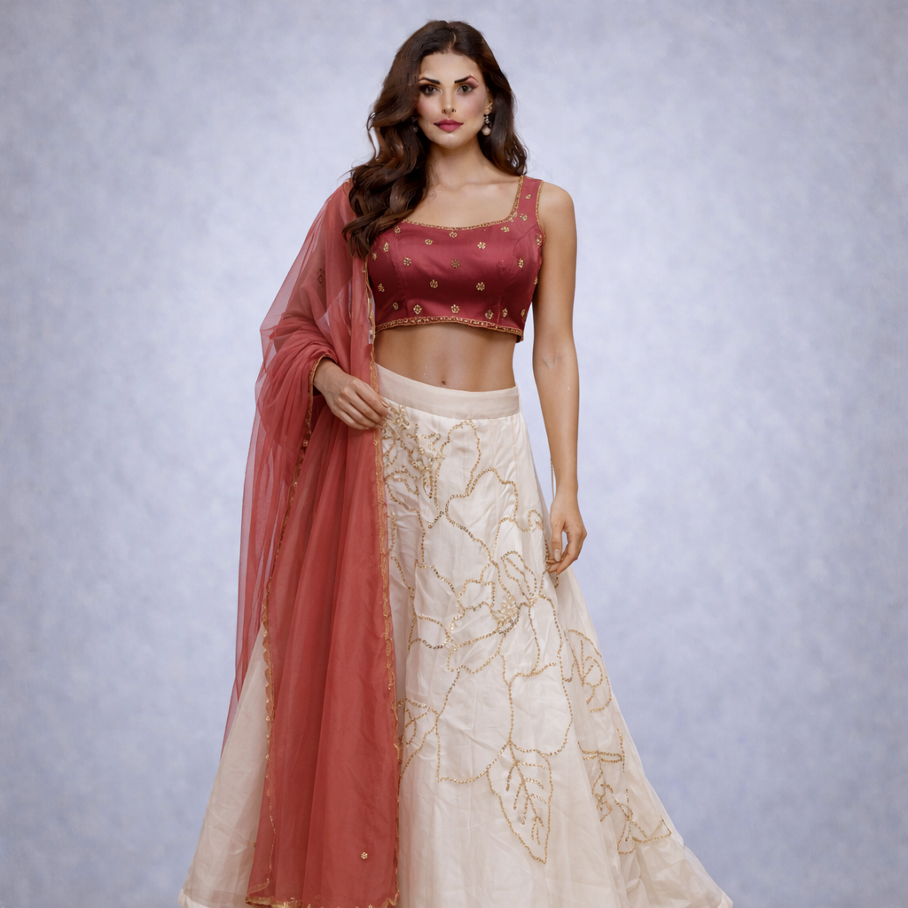 Maroon and Ivory Embroidered Lehenga Set