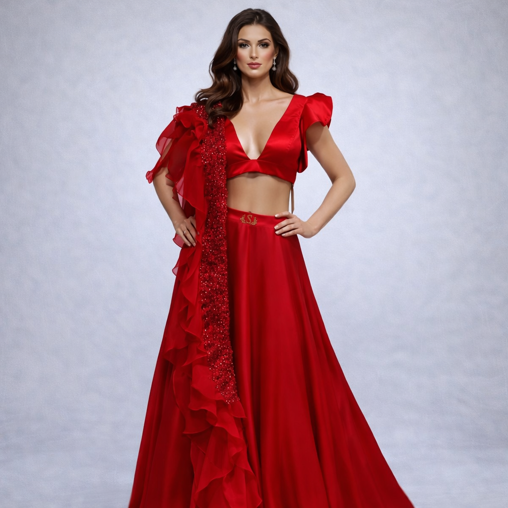 Crimson Red Ruffle Draped Lehenga Set