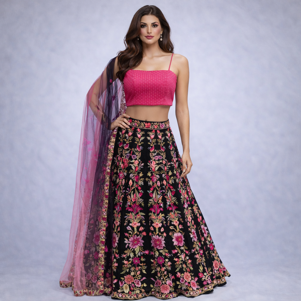 Pink Crop Top with Black Floral Embroidered Lehenga Set