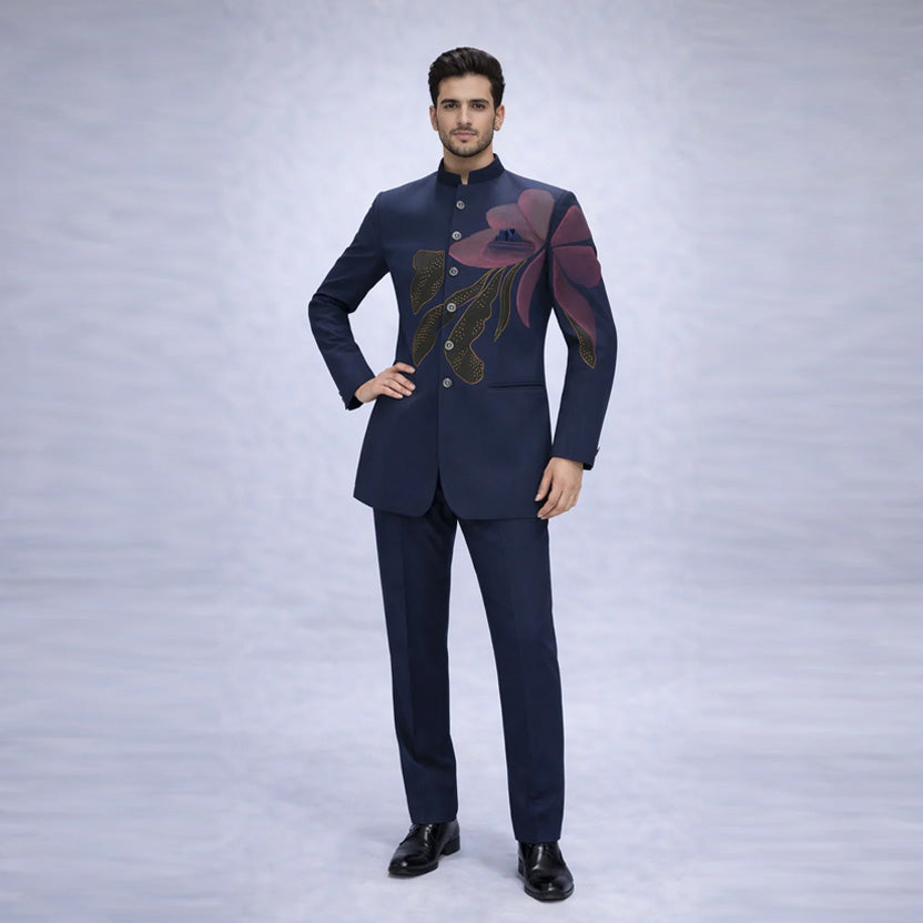 Navy Blue Floral Embroidered Bandhgala Suit