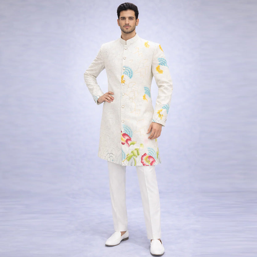 Ivory Floral Printed Sherwani Set