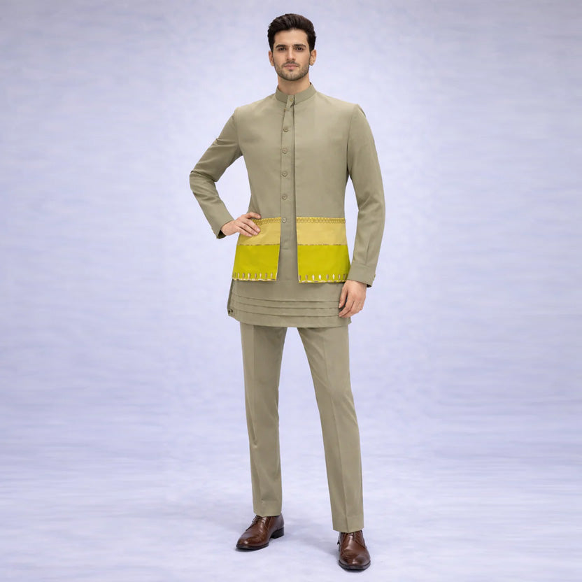 Olive Green Color-Block Nehru Jacket Kurta Set