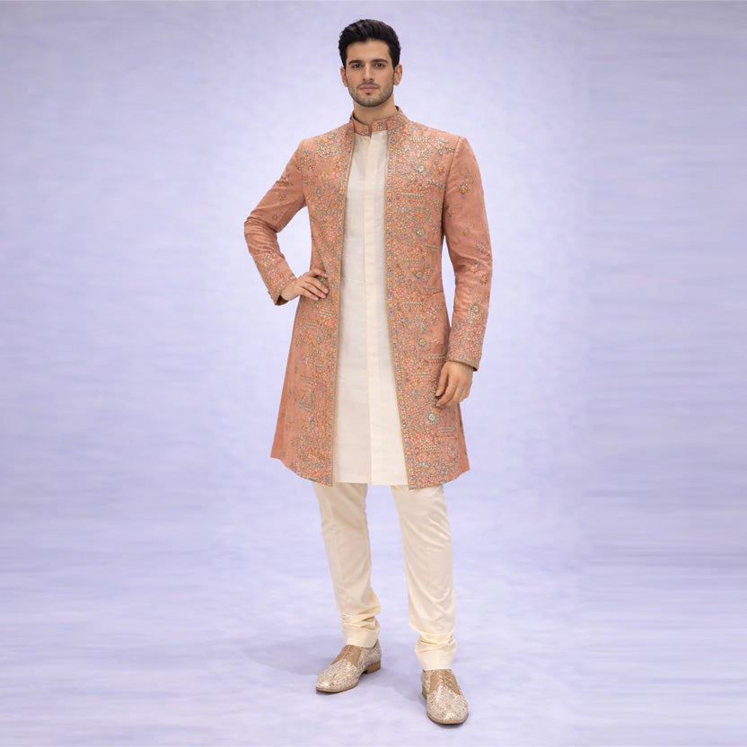Peach Embroidered Sherwani Set