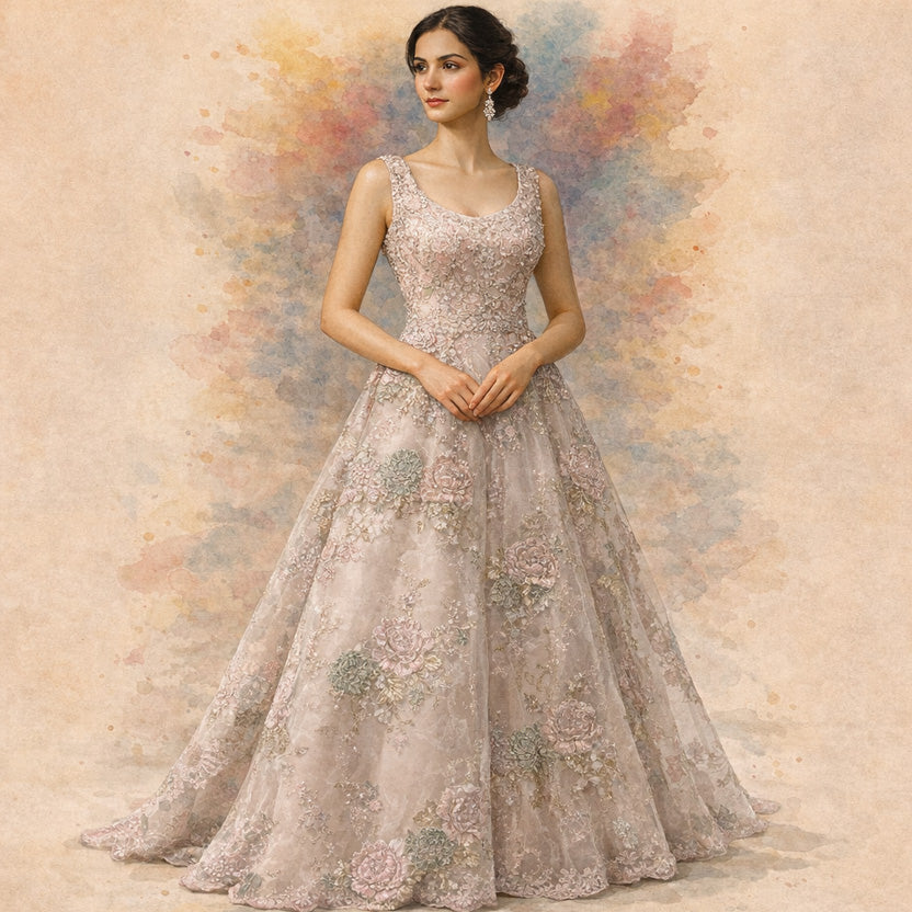 Blush Floral Embroidered Wedding Gown