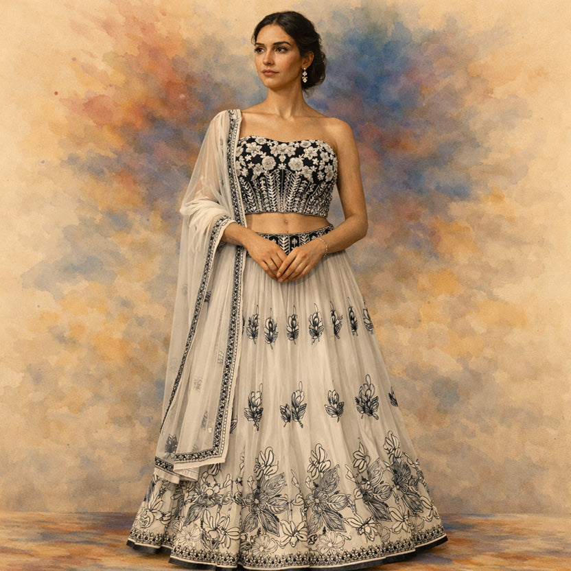 Ivory and Black Embroidered Lehenga Set