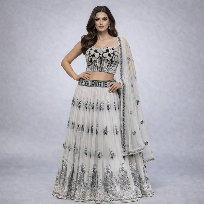 Ivory and Black Embroidered Lehenga Set