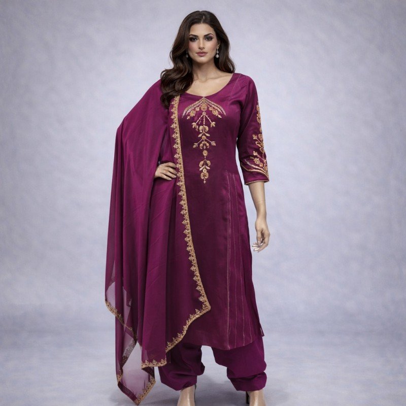 Purple Embroidered Kurta Set with Dupatta