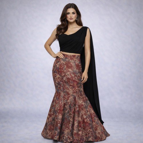 Black Draped Top with Printed Mermaid Skirt