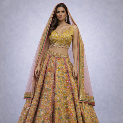 Mustard Yellow Printed Lehenga