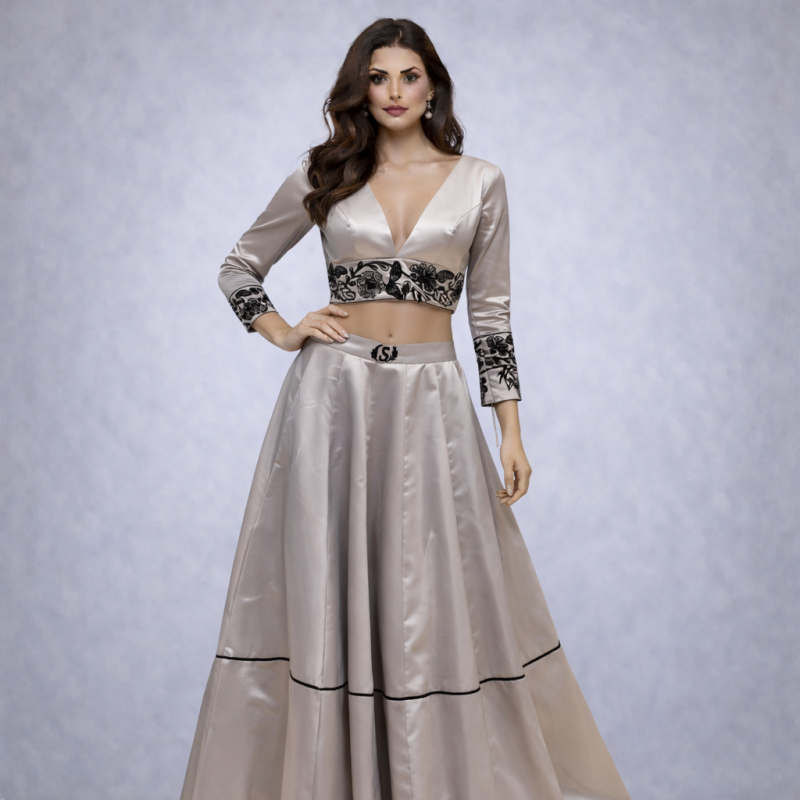 Champagne Satin Lehenga Set