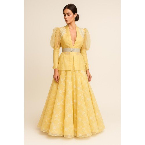 Lemon Yellow Embroidered Jacket Lehenga Set