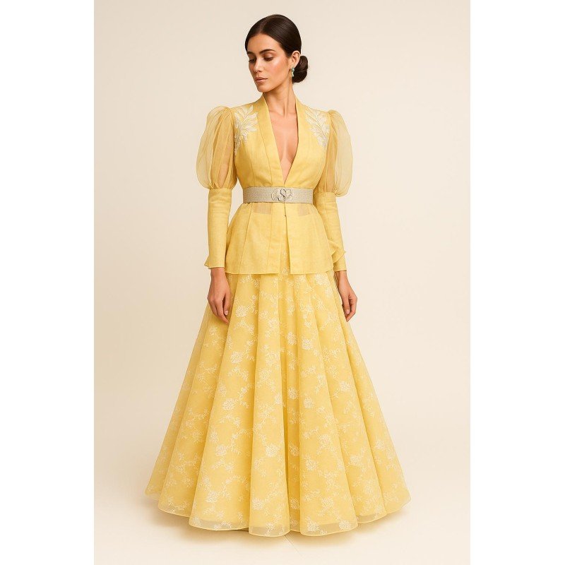 Lemon Yellow Embroidered Jacket Lehenga Set