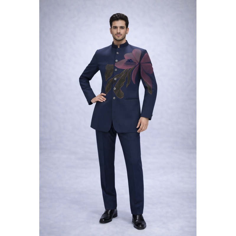 Navy Blue Floral Embroidered Bandhgala Suit