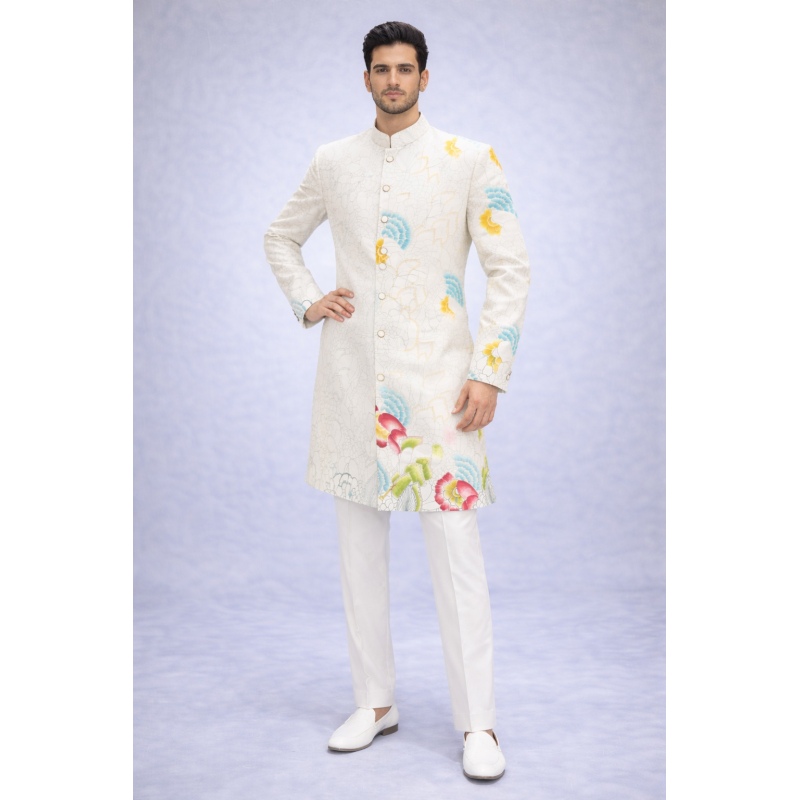 Ivory Floral Printed Sherwani Set