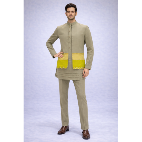 Olive Green Color-Block Nehru Jacket Kurta Set