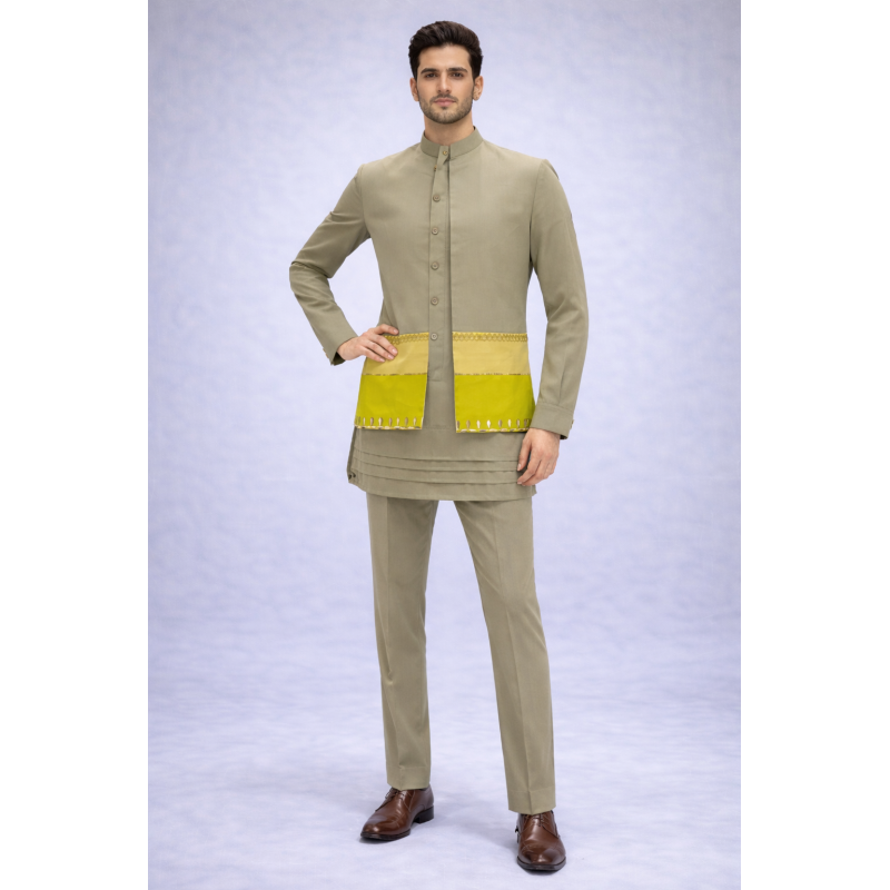 Olive Green Color-Block Nehru Jacket Kurta Set