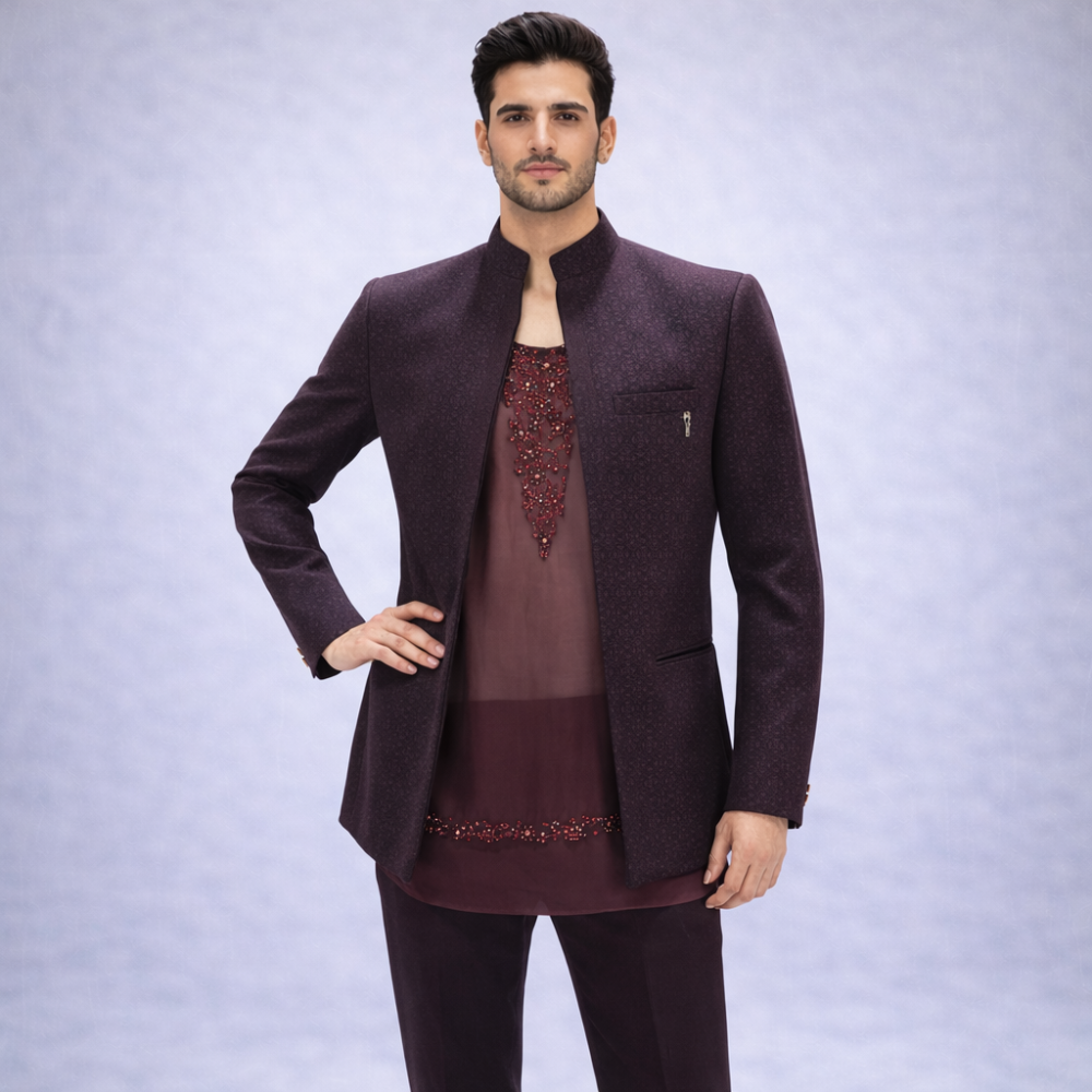 Wine Textured Bandhgala Jacket Set Wine Textured Bandhgala Jacket Set