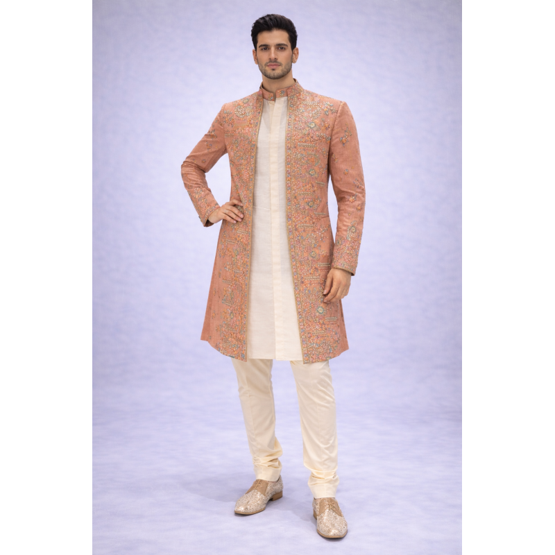 Peach Embroidered Sherwani Set