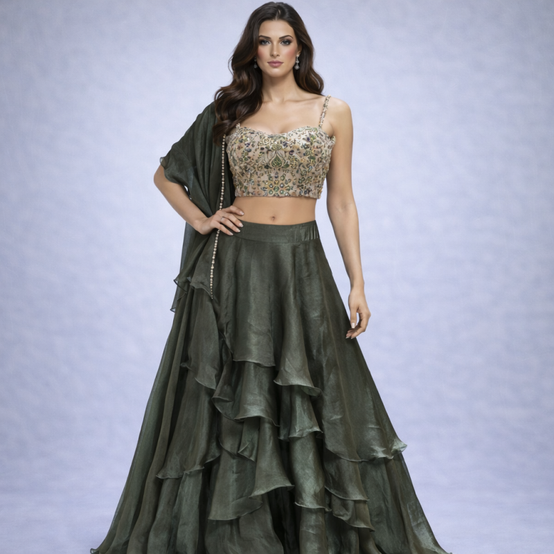 Olive Green Ruffled Lehenga Set