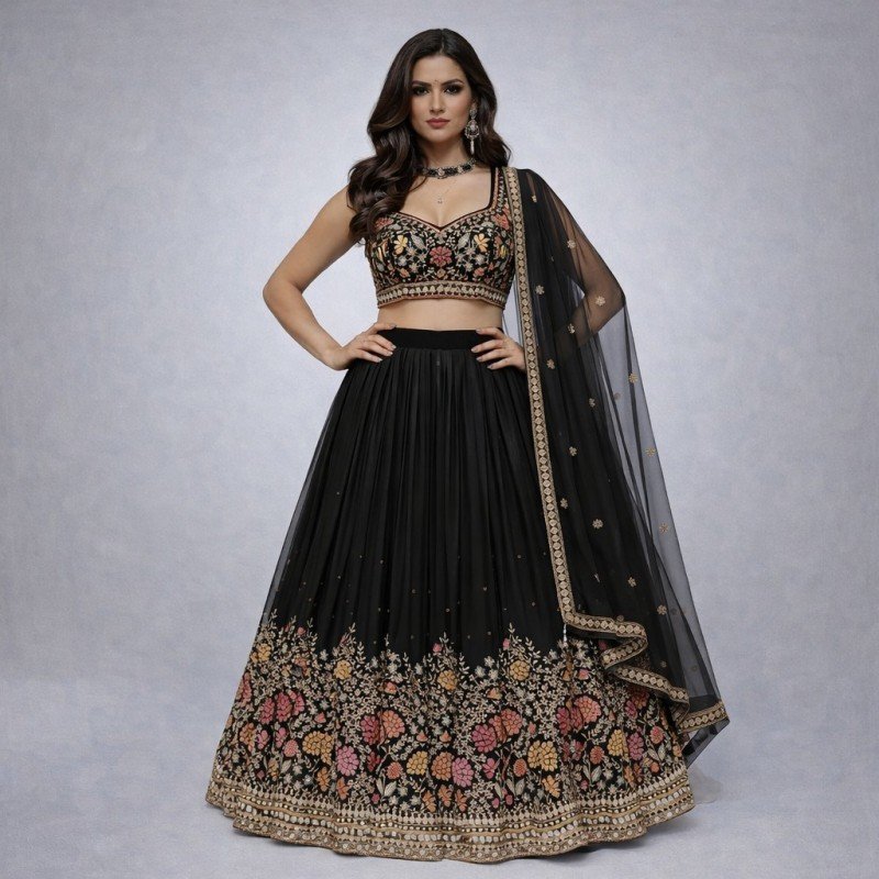 Black Floral Embroidered Lehenga Set